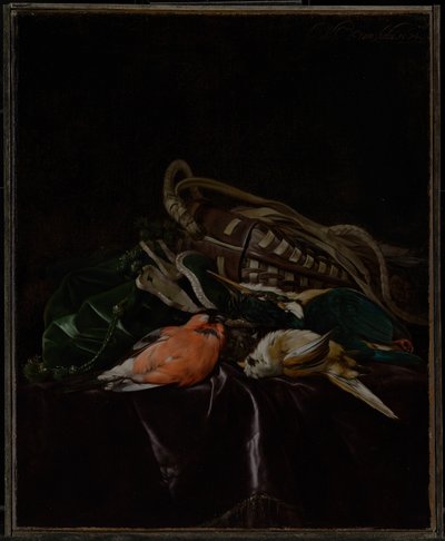Asetelma kuolleiden lintujen ja riistalaukun kanssa tekijältä Willem van Aelst