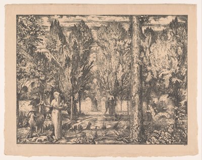 Nainen ja pässi aidatussa puutarhassa The Park (alkuperäinen nimi) tekijältä Willem van Konijnenburg (signed by artist)