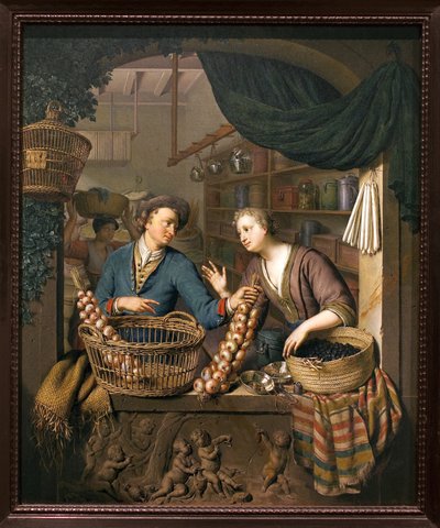 Sipulin myyjä. Willem van Mierisin (1662-1747) maalaus, öljy puulle tekijältä Willem Van Mieris