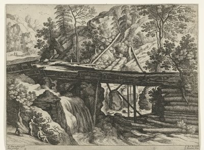 Vuoristomaisema puisella akveduktilla Italian maisemat (sarjan nimi) tekijältä Willem van Nieulandt (II)