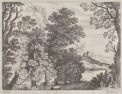 metsäinen maisema Italian maisemat (sarjan nimi) tekijältä Willem van Nieulandt (II)