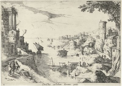 Maisema Emmauksen matkailijoiden kanssa Christ castellum Emaus petit (otsikko esineessä) Italian maisemat ja raamatulliset kohtaukset (sarjan nimi) tekijältä Willem van Nieulandt (II)