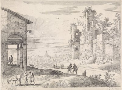 Maisema laupias samarialaisen kanssa Innissä Italian maisemat (sarjan nimi) tekijältä Willem van Nieulandt (II)