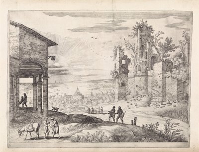 Maisema laupias samarialaisen kanssa Innissä Italian maisemat (sarjan nimi) tekijältä Willem van Nieulandt (II)