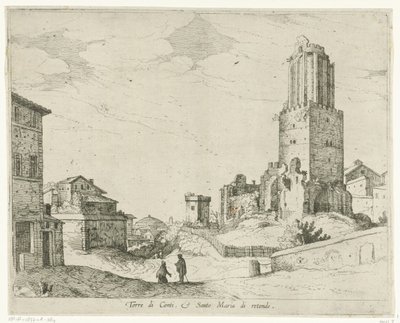 Torre delle Milizie ja Pantheon Torre di Conti e Santo Maria di retonde (otsikko esineessä) Rooman näkymät (sarjan nimi) tekijältä Willem van Nieulandt (II)