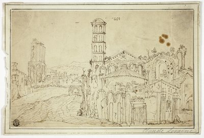 Näkymä Roomassa: Torre della Melisa, varhaiskristillisen kirkon rauniot. tekijältä Willem van Nieuwlandt II