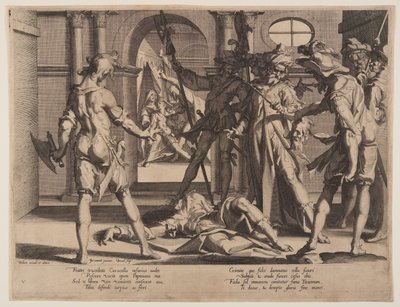 Roomalaisen tuomarin Papinianuksen mestaaminen, levy 5 teoksesta Oikeuden valtaistuimet (Thronus Iustitiae). tekijältä Willem van Swanenburgh