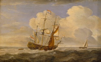 Hollantilainen lippulaiva tuulen edessä, 1600-luvun loppupuoli - 1700-luvun alku (öljy paneelille). tekijältä Willem van de II (follower of) Velde