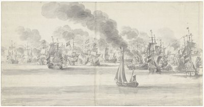 Katwijkin taistelu (vasemmalla sivulla), 1653 tekijältä Willem van de Velde (I)