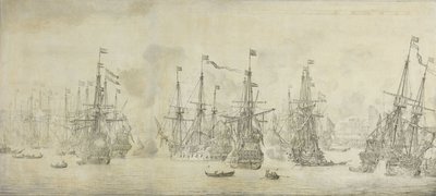Englantilaisten epäonnistunut hyökkäys paluulaivastoa vastaan Bergenin satamassa, Norjassa, 12. elokuuta 1665: jakso toisesta Englannin ja Hollannin sodasta tekijältä Willem van de Velde (I)
