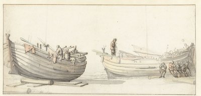 Tutkimus kahdesta kalastusveneestä hahmoilla tekijältä Willem van de Velde (II) (attributed to)