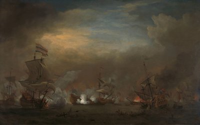 Tapaaminen Kijkduinin taistelun aikana Meritaistelu Cornelis Trompin Gouden Leeuwilla ja Sir Edward Spraggin välillä kuninkaallisessa prinssissä Kijkduinin taistelun aikana (Texelin taistelu), 21. elokuuta 1673: jakso kolmannesta anglo-hollantilaissodasta tekijältä Willem van de Velde (II)
