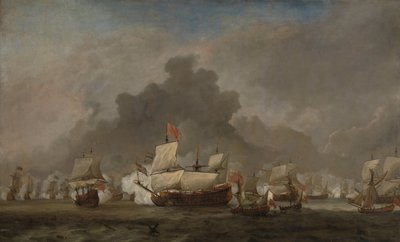 Meritaistelu Michiel Adriaensz de Ruyterin ja Yorkin herttuan välillä kuninkaallisesta prinssistä Solebayn taistelun aikana, 7. kesäkuuta 1672: jakso kolmannesta Englannin-Hollannin sodasta tekijältä Willem van de Velde (II)