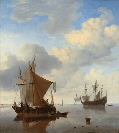 Rauhallinen - smalschip ja kaag ankkurissa englantilaisen man-o"-sodan takana tekijältä Willem van de Velde