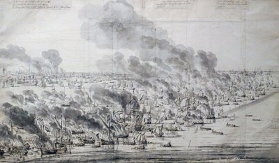 Robert Holmes sytyttää Hollannin laivaston tuleen Terschellingissä... tekijältä Willem van de Velde the Elder