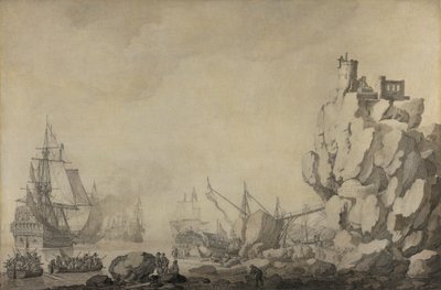 Laivoja ja miliisit kivirannalla tekijältä Willem van de Velde the Elder