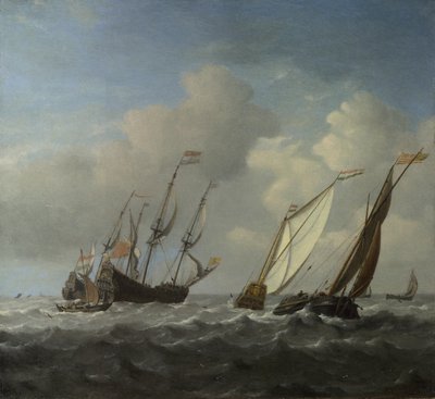 Hollantilainen laiva, huvivene ja pienemmät alukset tuulessa, n. 1660 tekijältä Willem van de Velde the Younger