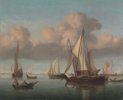 Kaag ankkurissa nostettuina purjeineen sekä valtion huvivene ja muita aluksia tekijältä Willem van de Velde the Younger