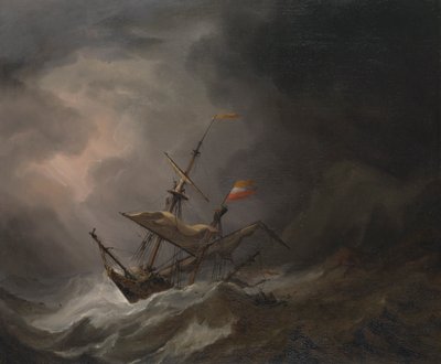 Myrskyssä kalliorannikolle ajelehtiva Välimeren prikaati, noin 1700 (öljy kankaalle). tekijältä Willem van de Velde the Younger