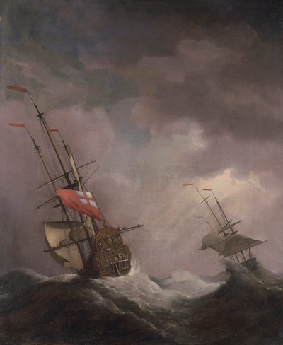 Englantilainen laiva merellä juoksemassa myrskyssä tekijältä Willem van de Velde the Younger
