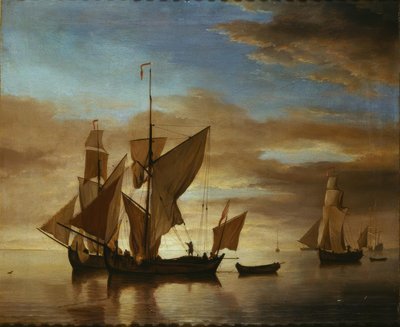 Laivat tyynellä merellä iltavalossa tekijältä Willem van de Velde the Younger