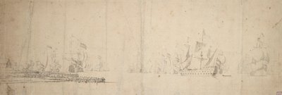 Hollannin laivasto lähdössä liikkeelle laiturilta, n.1665 (grafiitti, harmaa pesu). tekijältä Willem van de the Elder Velde