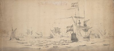Hollannin laivasto makaamassa tuulessa: sotaneuvosto, n.1665 (grafiitti, harmaa pesu). tekijältä Willem van de the Elder Velde