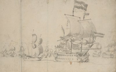 Hollannin lippulaiva ja lähetysalus sen peräsimessä, toukokuu 1672, noin 1672 (lyijykynä, pesu). tekijältä Willem van de the Elder Velde