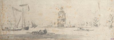 Galliot kevyessä ilmassa ja useita proomuja, noin 1681 (grafiitti, harmaa pesu). tekijältä Willem van de the Elder Velde