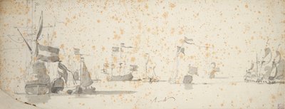 Valtion jahti ja hollantilaisia aluksia ankkurissa, noin 1664 (grafiitti, harmaa pesu) tekijältä Willem van de the Elder Velde