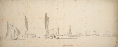 Vetovene, wijdschips ja waterschips kevyessä tuulessa, noin 1664 (grafiitti, harmaa pesu). tekijältä Willem van de the Elder Velde