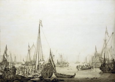 Erilaisia aluksia täpötäydessä satamassa, tämä maalaus liittyy historiallisesti Englannin Kaarle II:n (1630-1685) matkaan Haagiin (Hollantiin) vuonna 1660, jolloin hän palautti vallan Englannin valtaistuimelle. tekijältä Willem van de the Elder Velde