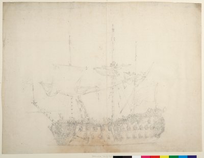 Englantilainen kolmannen luokan 60-tykkinen laiva paapuurin keulasta katsottuna, noin 1673 (offset). tekijältä Willem van de the Elder Velde