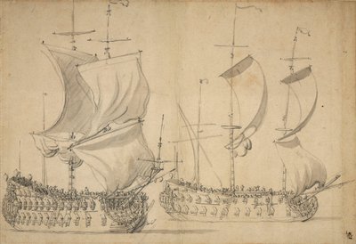Englantilainen kolmatta ja neljättä luokkaa kulkeva laiva kevyessä purjehduksessa, noin 1677 (lyijykynä, pesu). tekijältä Willem van de the Elder Velde