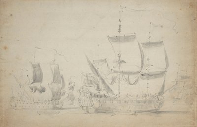 Englantilainen kaksikerroksinen alus kevyessä purjehduksessa, noin 1675 (lyijykynä, pesu). tekijältä Willem van de the Elder Velde