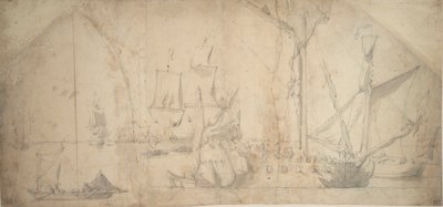 Englantilainen jahti ankkurissa purjeen rullapurjehduksessa tekijältä Willem van de the Elder Velde