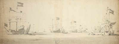 Hollannin lippulaivat ankkurissa ja veneet vieressä, noin 1664 (grafiitti, harmaa pesu). tekijältä Willem van de the Elder Velde