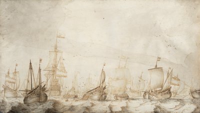 Hollantilaiset silakan kalastusalukset Pohjanmerellä. William van de Velde vanhemman (n. 1611-1693) tussi- ja pesupiirros (27,4x47,6 cm), noin 1650. tekijältä Willem van de the Elder Velde