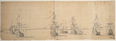 Hollantilaisia laivoja ankkurissa matalan rannan edustalla, n.1658 (grafiitti, harmaa pesu). tekijältä Willem van de the Elder Velde