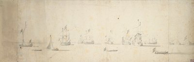 Hollantilaisia laivoja ankkurissa rannikon edustalla, n.1664 (grafiitti, harmaa pesu). tekijältä Willem van de the Elder Velde
