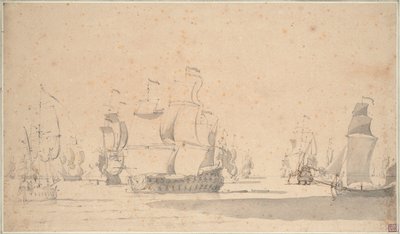 Englantilaisia laivoja, ketssi ja galliot kevyessä tuulessa, kesäkuu 1673, noin 1673 (lyijykynä, pesu, tussi, ruskea muste). tekijältä Willem van de the Elder Velde