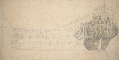 Ranskalaisen kaksikerroksisen aluksen muotokuva. Rakennettu Hollannissa 1666-67, noin 1667 (grafiitti). tekijältä Willem van de the Elder Velde