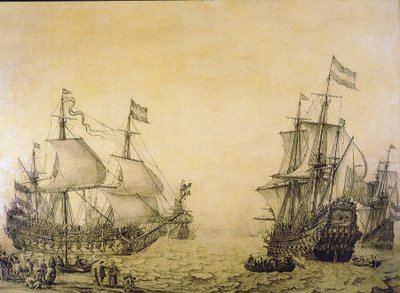 Rannalta lähtevää hollantilaista Oosterwijk-alusta kuvataan kahdesta näkökulmasta. Grisaille puulle tekijältä Willem van de the Elder Velde