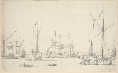 Jahdit ja laivat ankkurissa Sheernessin lähellä, noin 1677 (grafiitti, harmaa pesu). tekijältä Willem van de the Elder Velde