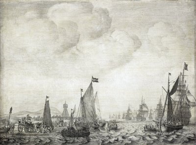 Kauppalaivat ja niiden saattue, jotka lähtevät Vliestä (tai Vliestroomista), Vlielandin ja Treschellingin (Alankomaat) saarten väliseltä merireitiltä, 9. kesäkuuta 1645. tekijältä Willem van de the Elder Velde