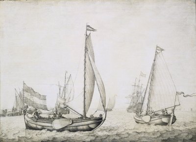 Kaksi hollantilaista alusta alussa, luultavasti Amsterdamin satamassa (Alankomaat). Willem van de Velden (1611-1693) Grisaille-maalaus puulle, noin 1660. tekijältä Willem van de the Elder Velde