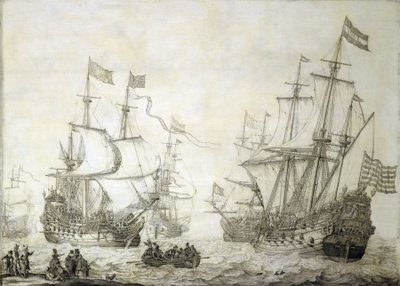 Kaksi Alankomaiden Itä-Intian komppanian kauppalaivaa lähdössä rannalta tyynessä tuulessa. Grisaille puulle tekijältä Willem van de the Elder Velde