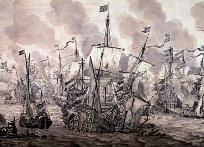 äänen taistelu hollantilaisten ja ruotsalaisten laivastojen välillä, 8. marraskuuta 1658. Yksityiskohta - Öljy- ja mustemaalaus tekijältä Willem van de the Elder Velde