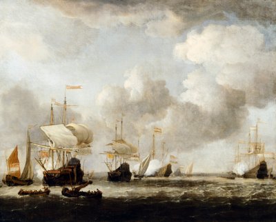 Hollantilainen laivasto ankkuroimaan tuulessa tekijältä Willem van de the Younger (attr.to) Velde