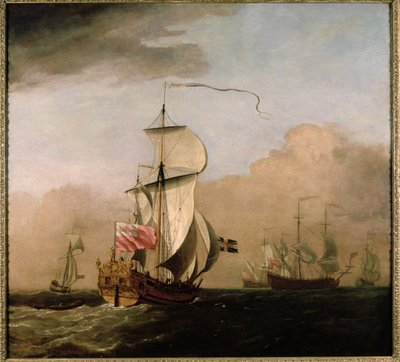 Albemarlen toisen herttuan ketssi, vasemmalla purjevene ja oikealla kolme sotalaivaa kaukana kaukana. tekijältä Willem van de Velde the Younger